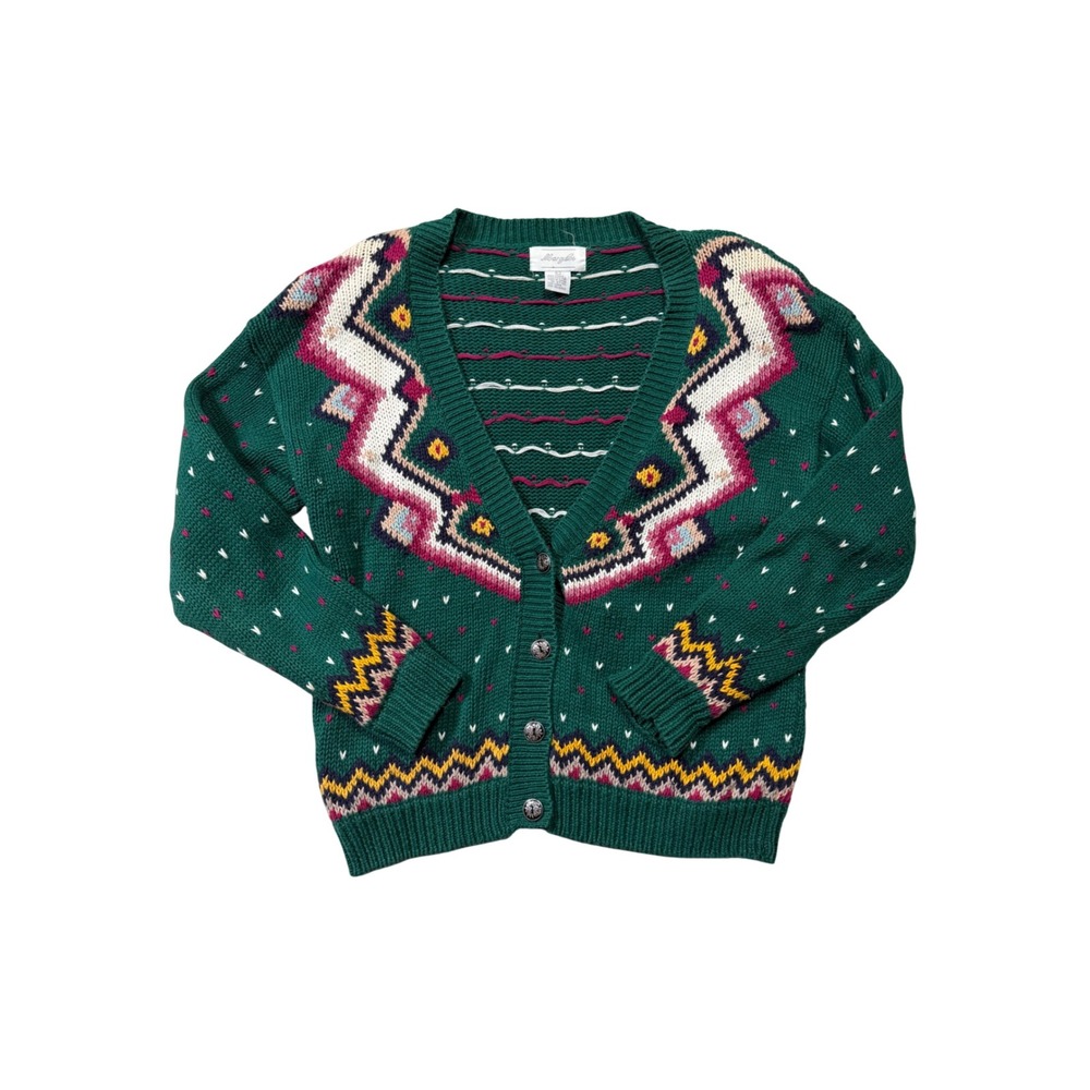 Vintage Margules Cottage Cardigan Sweater Green Fair Isle Heart Knit